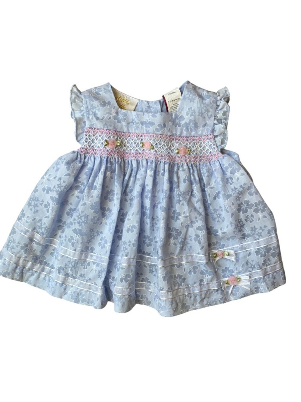 Vintage Little Bitty Smocked Floral Baby Dress Blue Pink Rosebud Cottage 3-6M